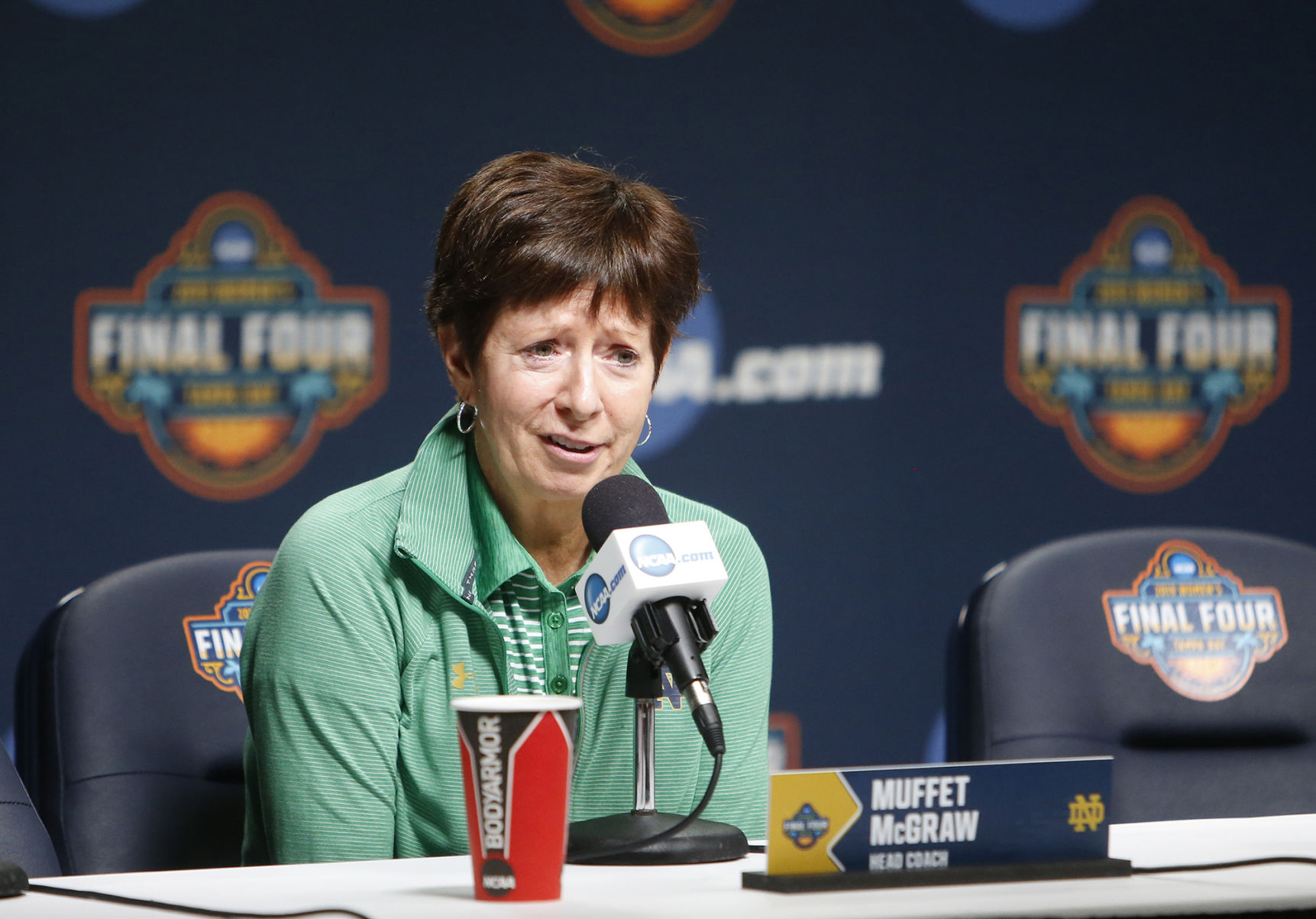 Notre Dame head coach Muffett McGraw talks to reporters ahead of the NCAA Tournament's Final Four at the Amalie Arena in Tampa, Fla., on Thursday, April 4, 2019.